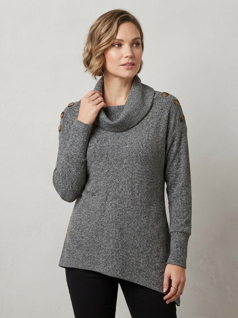 New York Laundry Gray Cowl Neck Ribbed Knit Button Shoulder Sweater Size Medium